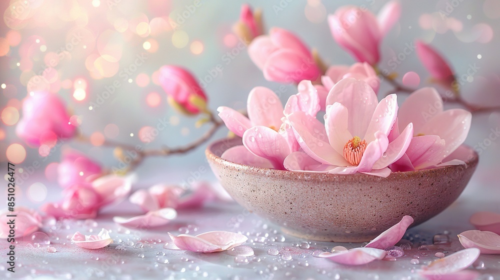 A zoomed-in photo of a vase filled with blossoms resting on a flat surface, surrounded by scattered flower petals in the background A zoomed-in photo of a vase filled with blossoms resting on a flat surface, surrounded by scattered flower petals in the background