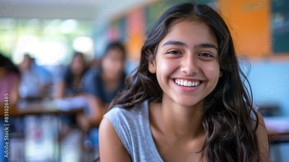 A happy, young girl smiles brightly in a classroom with other students blurred in the background, showcasing a positive learning environment