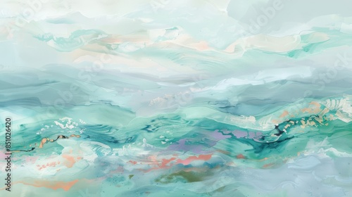 Tranquil pastel blues greens and coral hint at gentle ebb and flow of tides