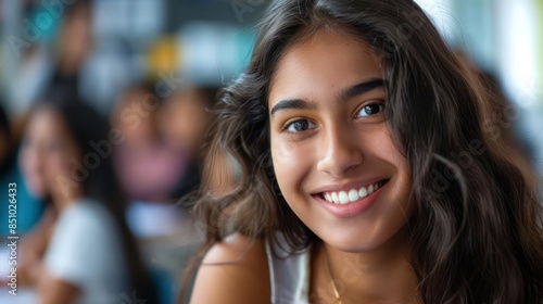 A close-up of a smiling young woman with flowing hair, with defocused people in the background suggesting a social setting Free Download A close-up of a smiling young woman with flowing hair, with defocused people in the background suggesting a social setting - GFXLoad
