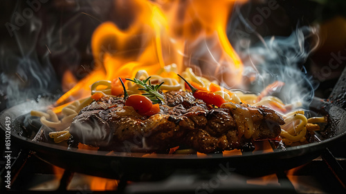 Gourmet grilled meat on plate glowing with heat, AI Generative