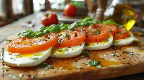   Wooden board topped with sliced tomatoes, boiled eggs, parmesan cheese, and herbs photo