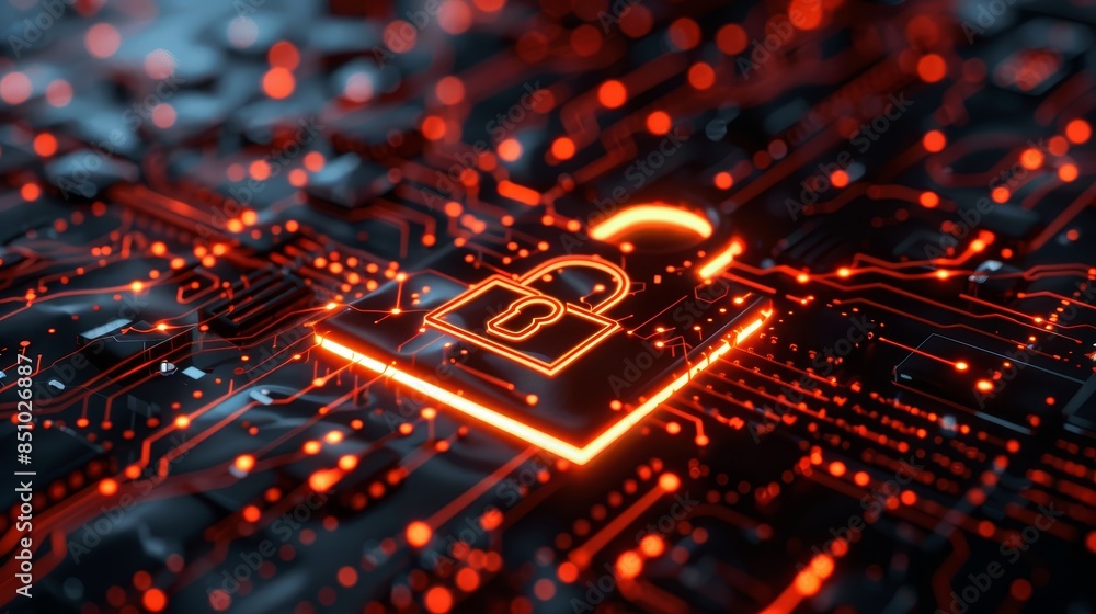 Digital padlock glowing on an illuminated circuit board, symbolizing cybersecurity, data protection, and secure technology infrastructure. Digital padlock glowing on an illuminated circuit board, symbolizing cybersecurity, data protection, and secure technology infrastructure.