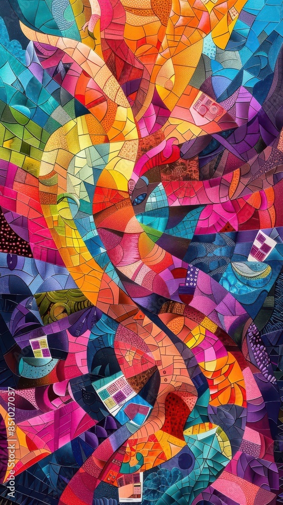 Fototapeta premium Vibrant abstract stained glass mosaic art with dynamic swirling colors and geometric shapes perfect for creative design inspiration.
