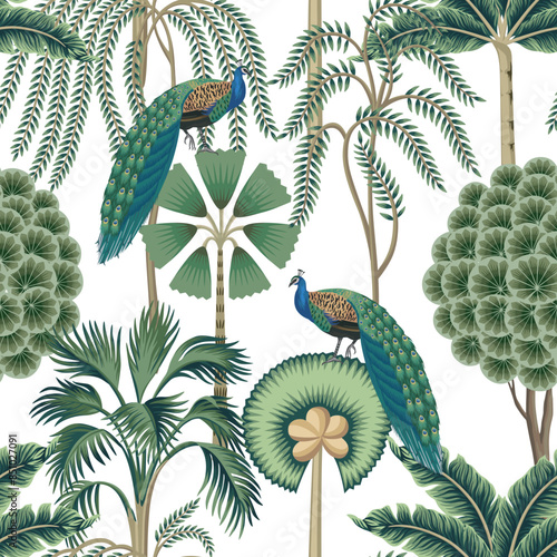 Tropical vintage palm trees, peacock bird floral seamless pattern white background. Exotic jungle wallpaper.