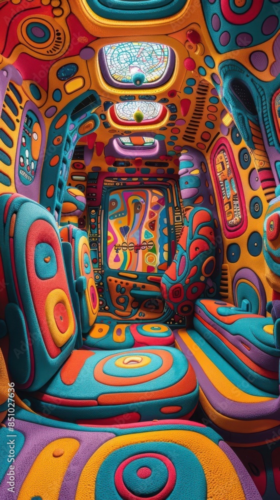 Naklejka premium Colorful psychedelic van interior with vibrant, abstract patterns and designs, filled with rainbow hues and artistic elements.