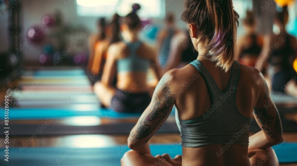 A woman sits cross-legged on a yoga mat, practicing yoga with a group of people in a studio. A woman sits cross-legged on a yoga mat, practicing yoga with a group of people in a studio.