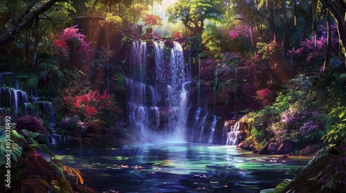 Tranquil oasis with lush foliage and cascading waterfalls