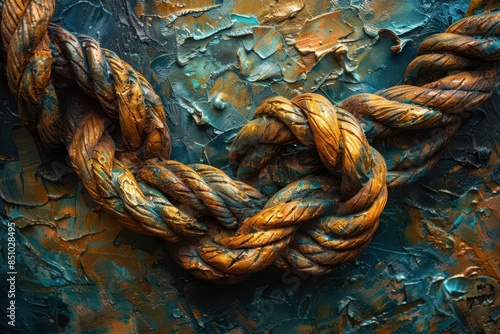 Close-up of an artistic, textured knot rope with vibrant blue and golden hues, ideal for backgrounds, design, and artistic projects. photo