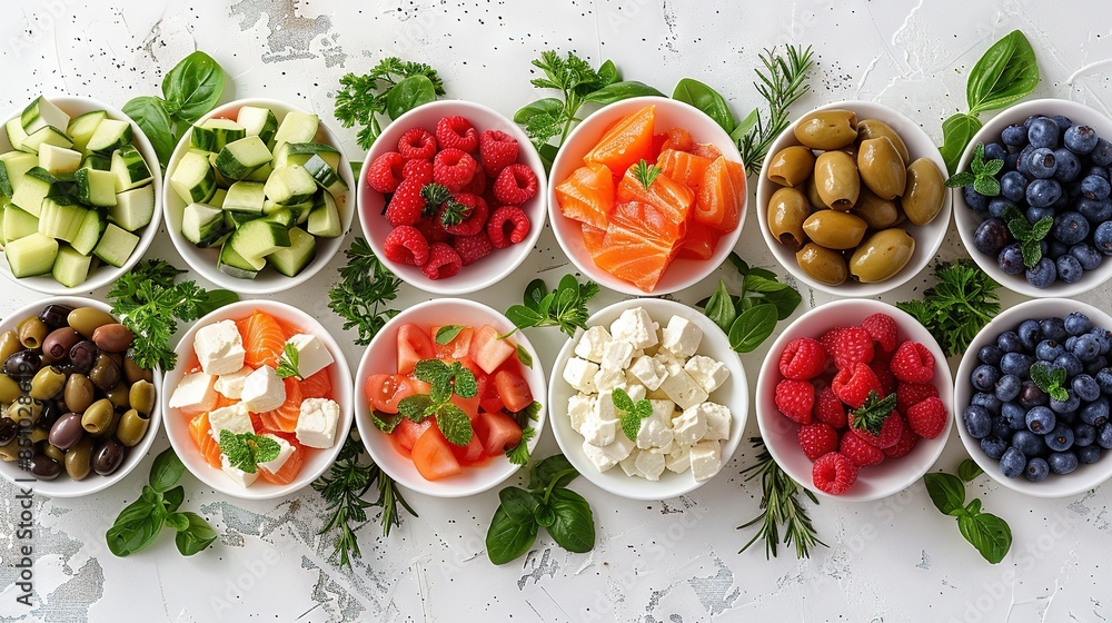 A table topped with bowls of various fruits and vegetables, alongside olives, tomatoes, cucumbers, and avocados A table topped with bowls of various fruits and vegetables, alongside olives, tomatoes, cucumbers, and avocados