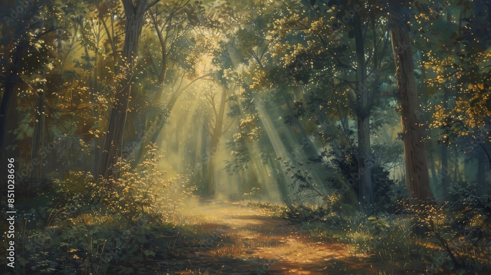Soft light through a canopy of leaves casting a gentle forest glow