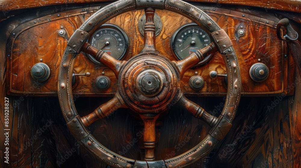 Obraz premium Close-up of a vintage wooden ship steering wheel and dashboard with intricate details, showcasing maritime history and craftsmanship.