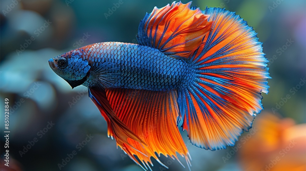 Red and blue fish in a clear waterscape with a sharp focus on the foreground Red and blue fish in a clear waterscape with a sharp focus on the foreground