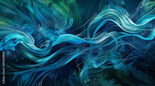 Dynamic blue and green strokes and lines against a dark background