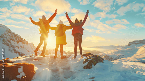 Excited hikers leap for joy on snowy mountain peak at sunset photo