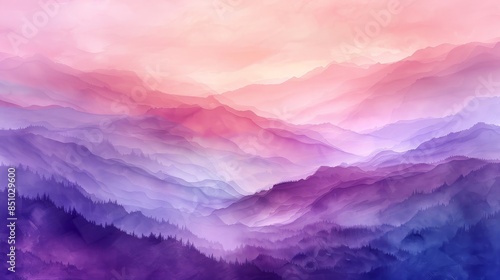 Dreamy watercolor wash landscape with soft gradients from dawn to dusk
