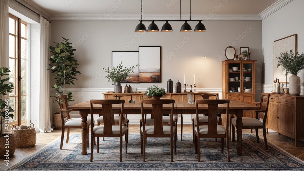 A serene dining area with a long wooden table and upholstered chairs, exuding warmth and hospitality in traditional style, Generative AI A serene dining area with a long wooden table and upholstered chairs, exuding warmth and hospitality in traditional style, Generative AI