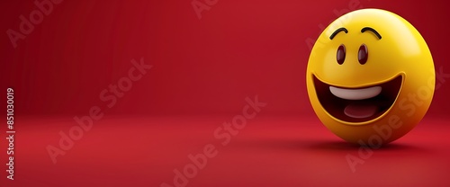 3D yellow emoji with an excited expression against a ruby red backdrop, copyspace for text on the left. © Ayesha ibrahim