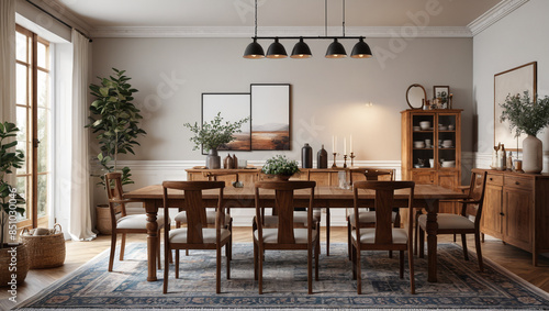 A serene dining area with a long wooden table and upholstered chairs, exuding warmth and hospitality in traditional style, Generative AI