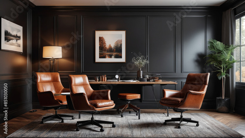 A cozy home office with dark wood paneling and leather armchairs, combining functionality with traditional aesthetics, Generative AI