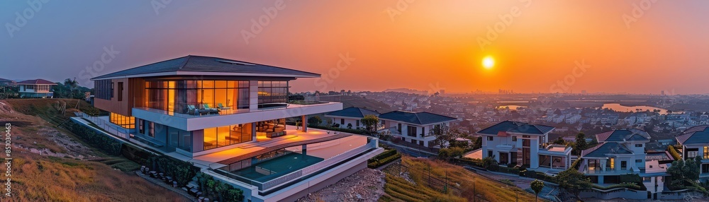 Fototapeta premium Stunning modern villa with large windows overlooking a beautiful sunset and hillside residential area with expansive cityscape views.