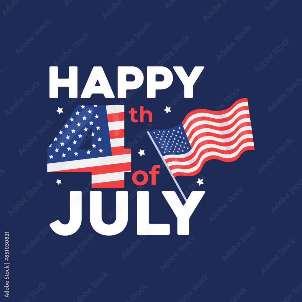 Happy 4th of July hand lettering card. American Independence Day banner, poster with United States flag, stars and stripes. Red and Blue color. Happy Happy 4th of July hand lettering card. American Independence Day banner, poster with United States flag, stars and stripes. Red and Blue color. Happy
