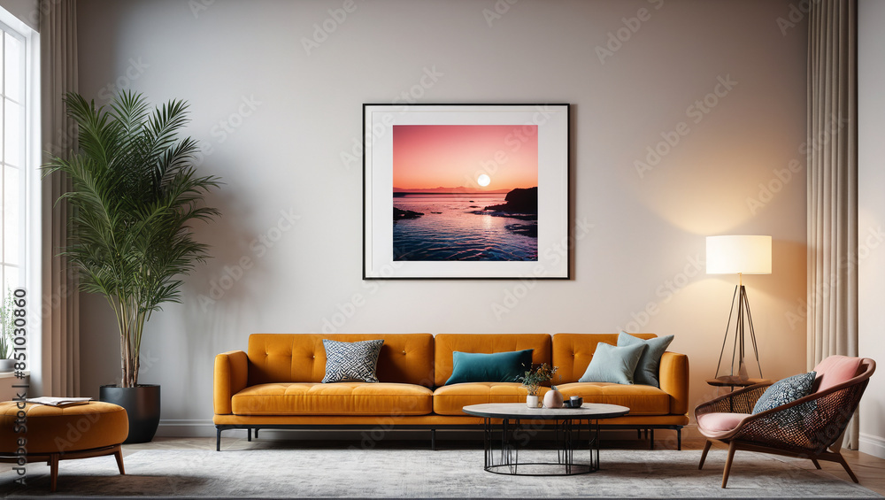 Modernist Oasis: Calm Room with a Bare Wall and Iconic Design Pieces, Generative AI Modernist Oasis: Calm Room with a Bare Wall and Iconic Design Pieces, Generative AI