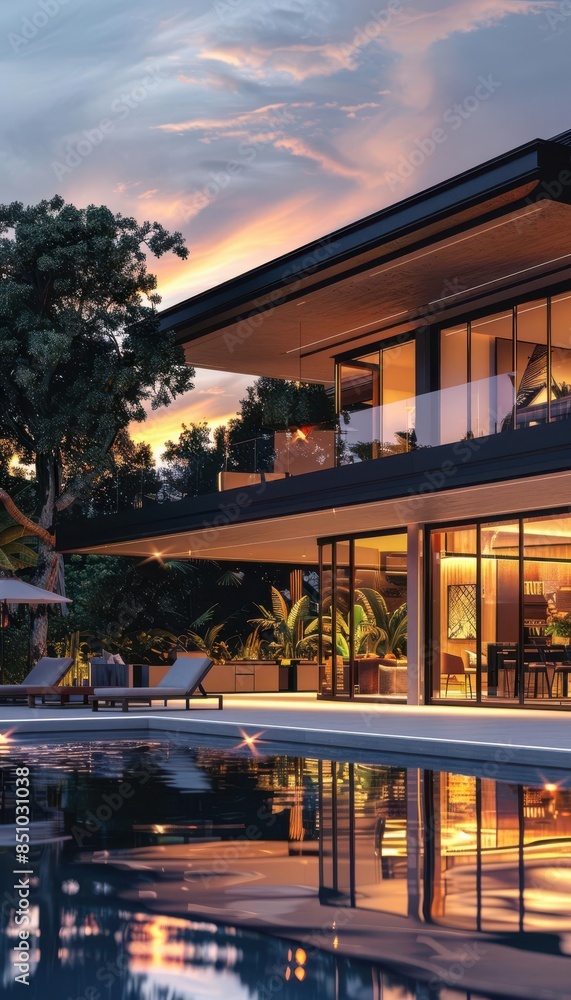 Obraz premium Modern luxury villa with large windows and infinity pool at dusk, surrounded by lush greenery and beautiful sunset sky.