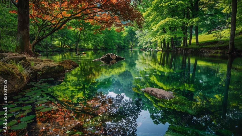 Tranquil pond in dense forest reflecting lush greenery and colors Tranquil pond in dense forest reflecting lush greenery and colors