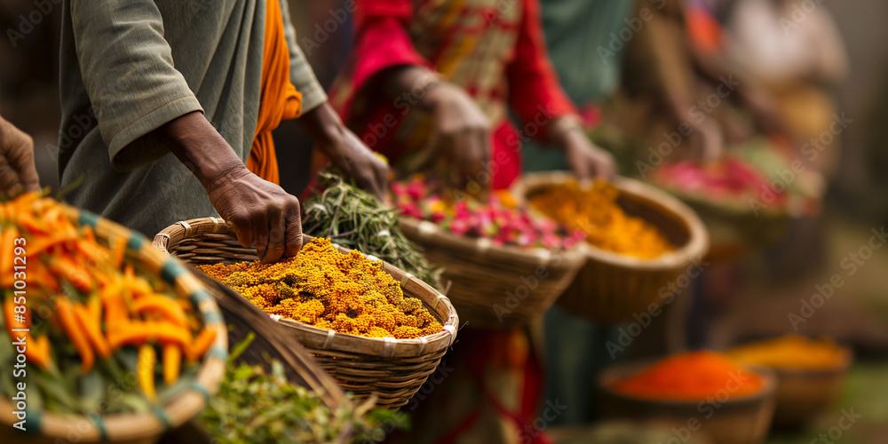 Obraz premium Artisanal baskets overflowing with vibrant spices and herbs at a local market, showcasing the diversity and richness of sustainable farming practices in a culturally rich setting. Copy space