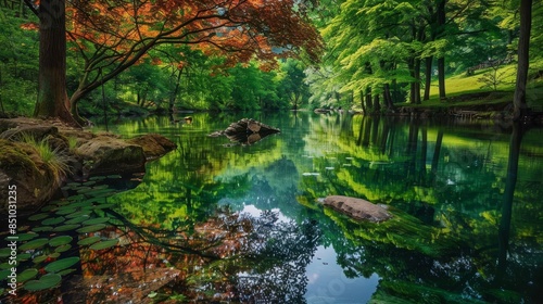Tranquil pond in dense forest reflecting lush greenery and colors