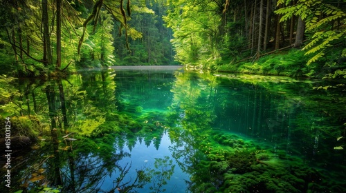 Forest pond reflects vibrant colors and lush foliage in tranquil scene