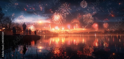 Scenic view of a beautiful fireworks display over a calm lake, with colorful reflections and silhouettes of people enjoying the celebration.