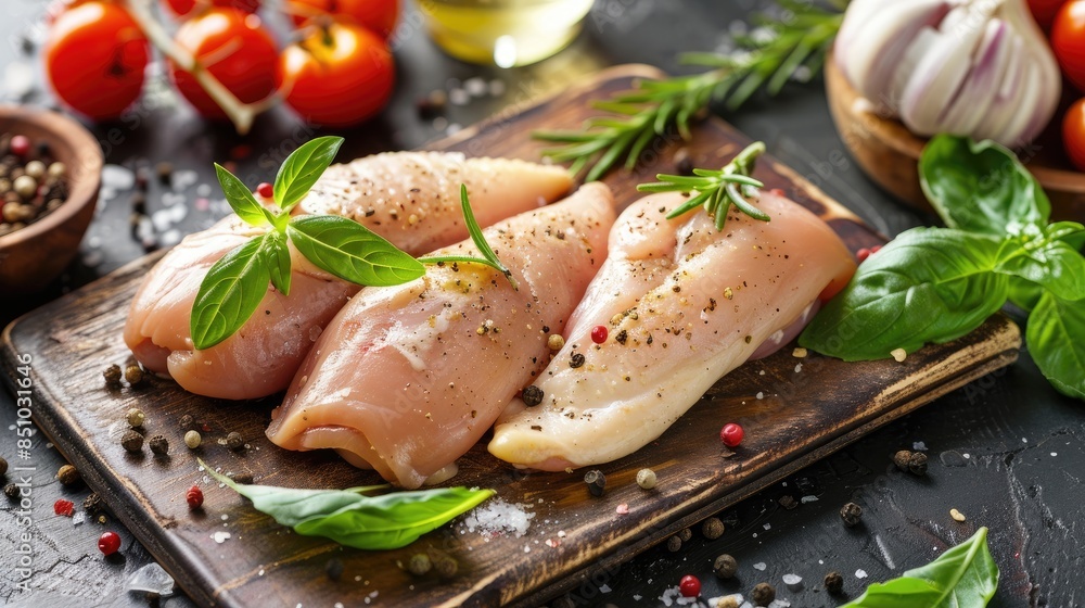Uncooked chicken breast ready for cooking on a cutting board Uncooked chicken breast ready for cooking on a cutting board