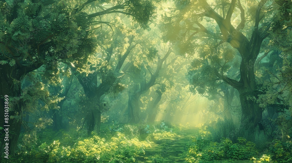 Fototapeta premium Endless emerald forest canopy with soft sunlight and verdant shadows