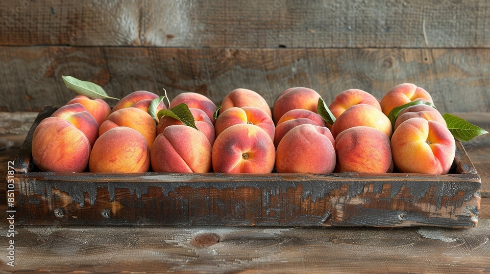 A wooden table holds a box with peaches, positioned against a wall made of wood A wooden table holds a box with peaches, positioned against a wall made of wood