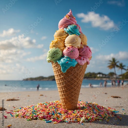 "A vibrant ice cream cone with multiple scoops and sprinkles in front of a picturesque beach backdrop."