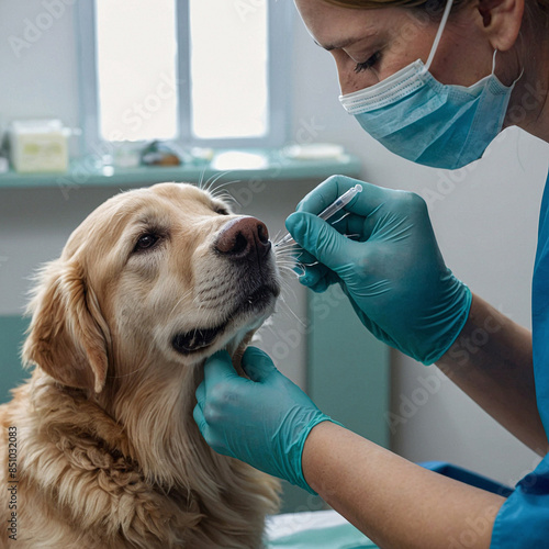 A compassionate vet gently caring for a puppy in a cozy examination room. The vet, wearing scrubs and a warm smile, is kneeling beside a small, fluffy puppy with big, bright eyes