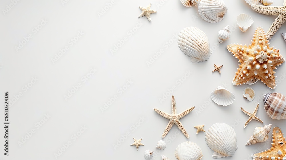 a white background adorned with seashells and starfish, evoking a summer concept through coastal elements. a white background adorned with seashells and starfish, evoking a summer concept through coastal elements.