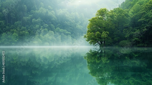 Ethereal mist over emerald lake with reflections of canopy