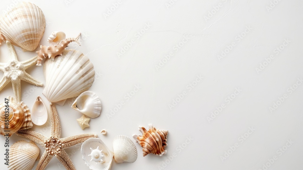 a white background adorned with seashells and starfish, evoking a summer concept through coastal elements. a white background adorned with seashells and starfish, evoking a summer concept through coastal elements.