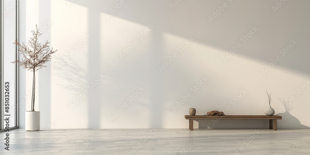 Minimalist wall background with copy space and small table decoration, interior design concept Minimalist wall background with copy space and small table decoration, interior design concept