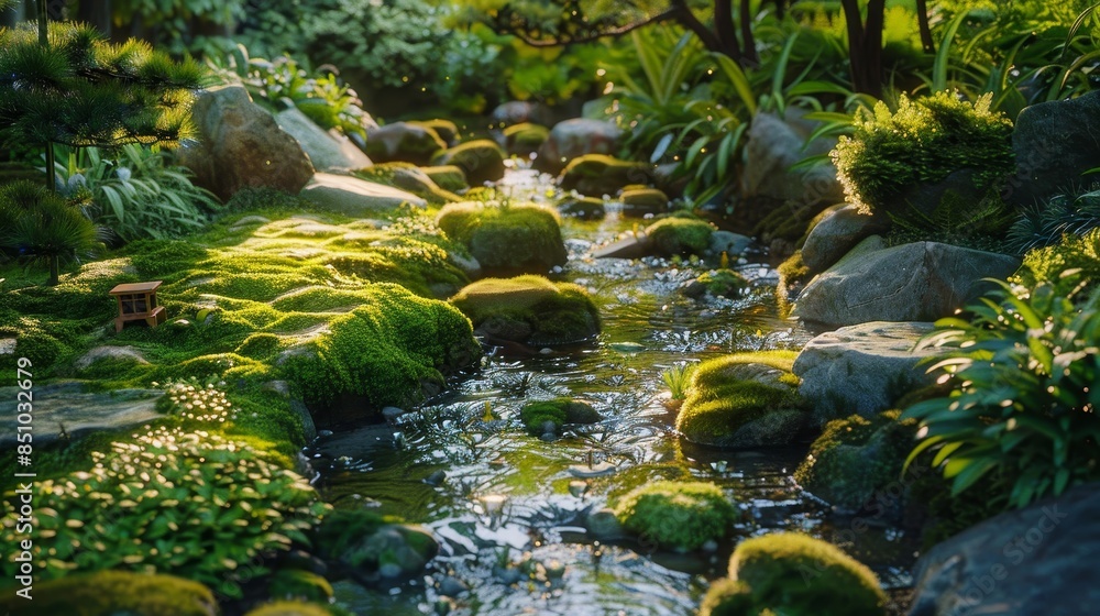 Garden oasis with emerald leaves shimmering in dawn light intricate shadows Garden oasis with emerald leaves shimmering in dawn light intricate shadows