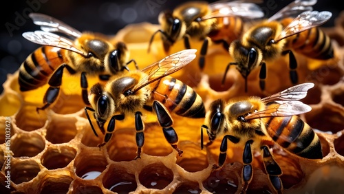 Close-up of Bees on Honeycomb Producing Honey, Photorealistic Image. Generative AI