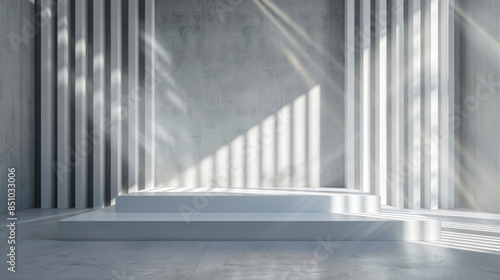 Vertical blinds casting sun rays, creating a dance of light and shadow on a concrete wall