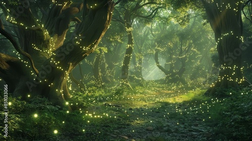 Emerald fireflies illuminate mystical glen enchanting scene