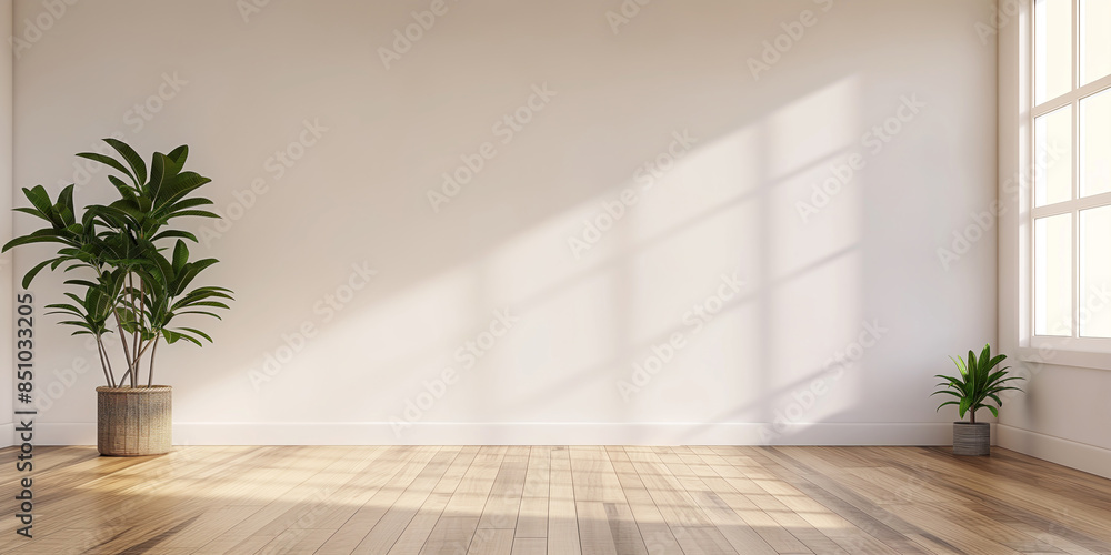 Fototapeta premium Minimalist wall background with shadow patterns on wooden floor, wall background concept