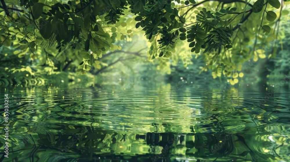 Lush greenery reflected in pond distorted by gentle ripples Lush greenery reflected in pond distorted by gentle ripples