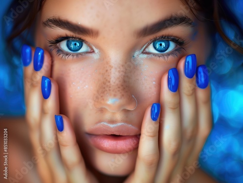 Frau mit blauen Nägeln und blauen Augen photo