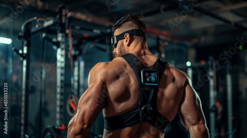 A muscular man wears fitness technology during a workout in a gym. The device is strapped to his back and displays data.